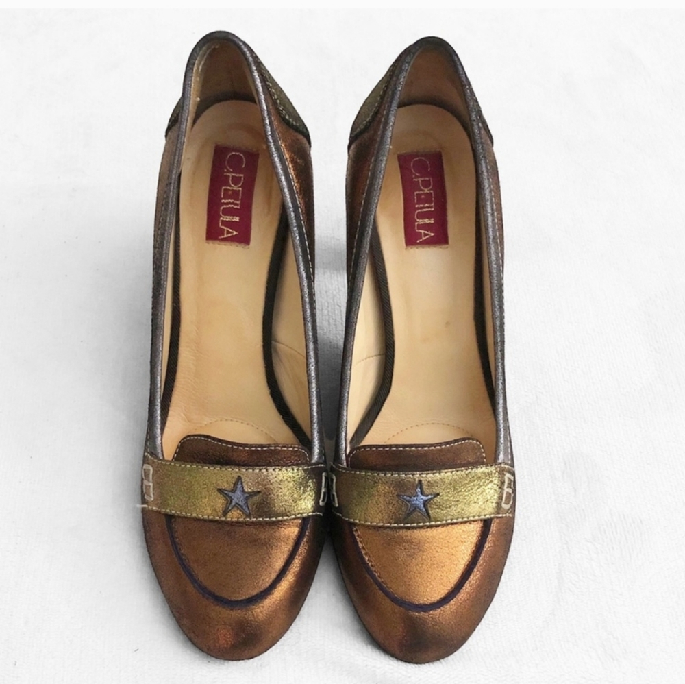C.Petula Made In France Womens‎ Metallic 2 Toned Star Acc. Brushed Leather Heels